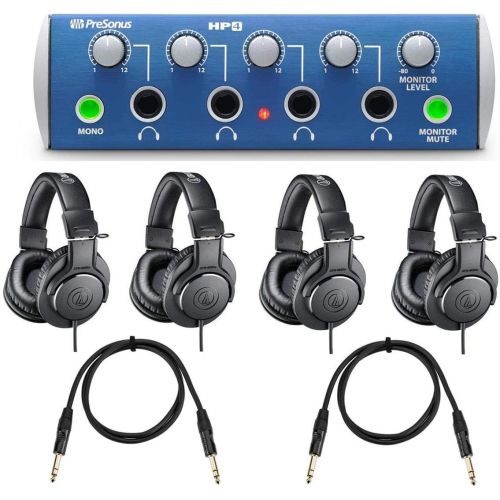  PreSonus HP4 4 Channel Headphone Distribution Amplifier - Bundle with 4 Pack AT ATH-M20x Pro Monitor Headphones, 2-Pk H&A 3TRS 1/4in Male-Male Interconnect Cable, Rean Gold Connect