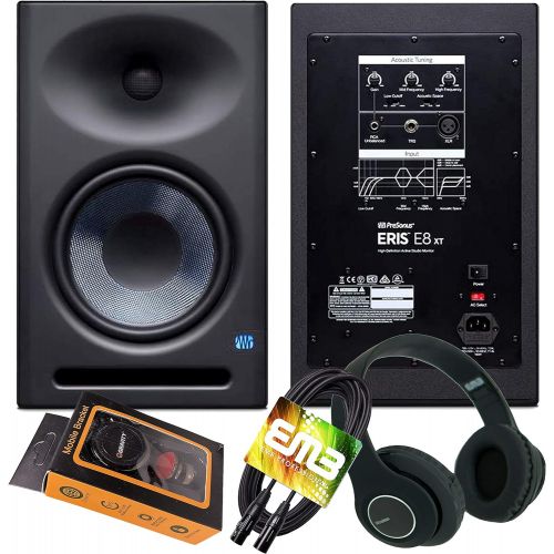  Pair of PreSonus Eris E8 XT 8 inch Powered Studio Monitor 8 with Woven Composite LF Driver, 1.25 Silk-Dome HF Driver, EBM Waveguide with Gravity Magnet Phone Holder and HD Headphon