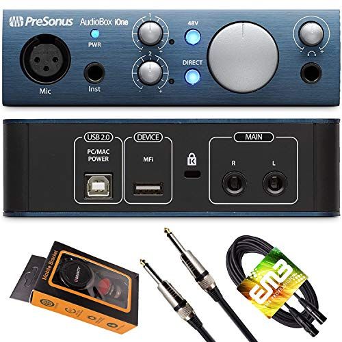  PreSonus AudioBox iOne USB Audio Interface 2-in/2-out with 1 x XLR Microphone Input, 1 x 1/4 Instrument Input, Studio One Artist DAW with Gravity Magnet Phone Holder and EMB XLR an