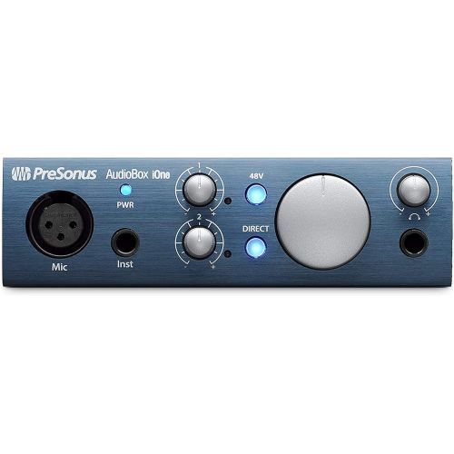  PreSonus AudioBox iOne USB Audio Interface 2-in/2-out with 1 x XLR Microphone Input, 1 x 1/4 Instrument Input, Studio One Artist DAW with Gravity Magnet Phone Holder and EMB XLR an