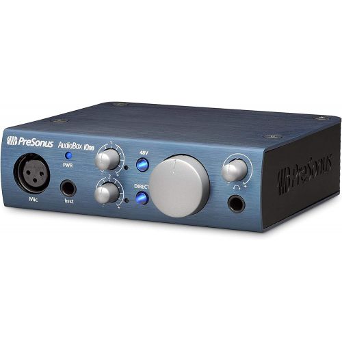  PreSonus AudioBox iOne USB Audio Interface 2-in/2-out with 1 x XLR Microphone Input, 1 x 1/4 Instrument Input, Studio One Artist DAW with Gravity Magnet Phone Holder and EMB XLR an