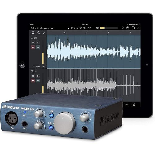  PreSonus AudioBox iOne USB Audio Interface 2-in/2-out with 1 x XLR Microphone Input, 1 x 1/4 Instrument Input, Studio One Artist DAW with Gravity Magnet Phone Holder and EMB XLR an