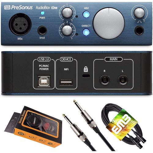  PreSonus AudioBox iOne USB Audio Interface 2-in/2-out with 1 x XLR Microphone Input, 1 x 1/4 Instrument Input, Studio One Artist DAW with Gravity Magnet Phone Holder and EMB XLR an