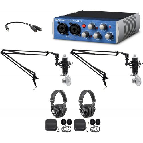  PRESONUS AUDIOBOX USB Audio Recording MIDI Interface Bundle with (2) Rockville RCM03 Condenser Mic, (2) PRO-M50 Headphones, RC1DTRS Headphone Cable and (2) DMS40 Mic Arm+Clamp