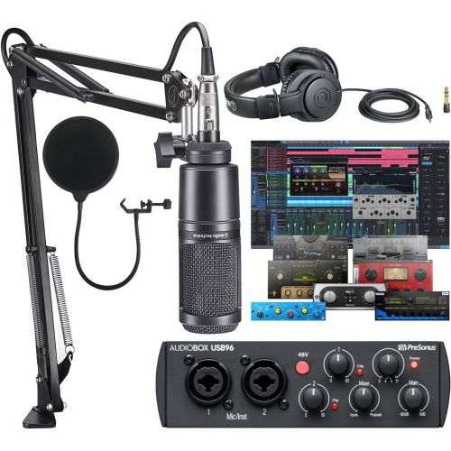  Presonus AudioBox 96 Audio USB 2.0 Recording Interface with Studio One Artist DAW Software with Audio-Technica AT2020 Vocal Microphone Arm Kit for Studio Recording/Streaming/Podcas