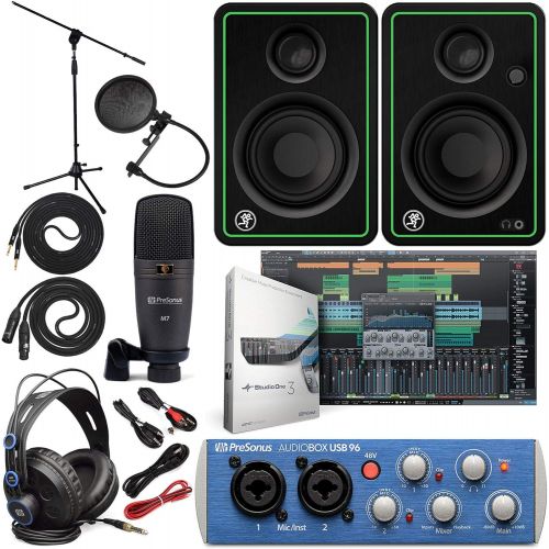  Presonus AudioBox 96 Audio Interface Full Studio Bundle with Studio One Artist Software Pack with Mackie New CR3-XBT 3 Pair Multimedia Bluetooth Monitors and 1/4” Instrument Cables