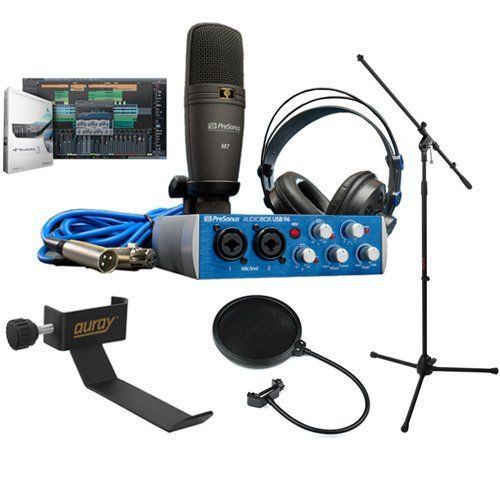  PreSonus AudioBox-96-Studio Complete Hardware/Software Recording Kit with COHH-2 Clamp On Headphone Holder, Tripod Microphone Stand and Pop Filter Bundle