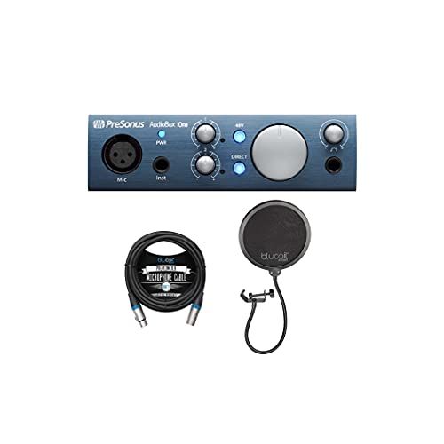  PreSonus AudioBox iOne 2x2 USB/iPad Audio Interface for Windows, Mac, and iOS Bundle with Blucoil 10-FT Balanced XLR Cable, and Pop Filter Windscreen