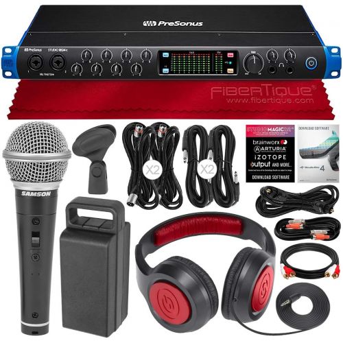  PreSonus Studio 1824c 18x20 USB Type-C Audio/MIDI Interface + SR360 Over-Ear Dynamic Stereo Headphones, R21S Cardioid Handheld Microphone, Cables & Fibertique Microfiber Cleaning C