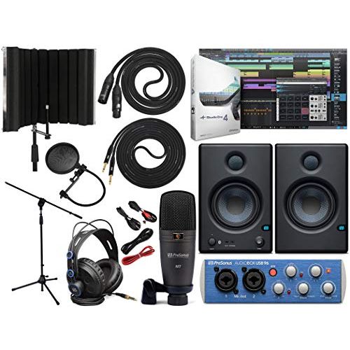  Presonus AudioBox 96 Audio Interface Bundle with Studio One Artist Software Pack with Eris 3.5 BT Pair 2-Way Bluetooth Monitors and 1/4” TRS to TRS Instrument Cable and Microphone