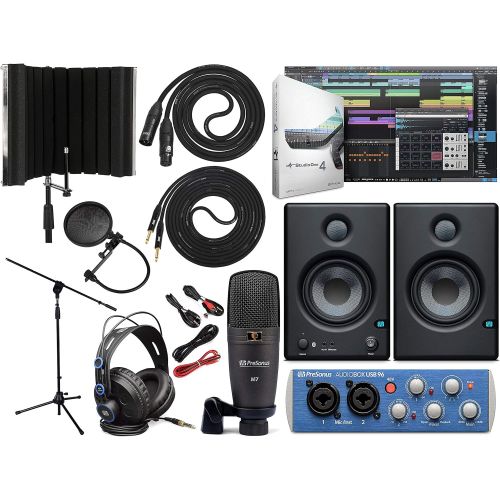  Presonus AudioBox 96 Audio Interface Bundle with Studio One Artist Software Pack with Eris 3.5 BT Pair 2-Way Bluetooth Monitors and 1/4” TRS to TRS Instrument Cable and Microphone