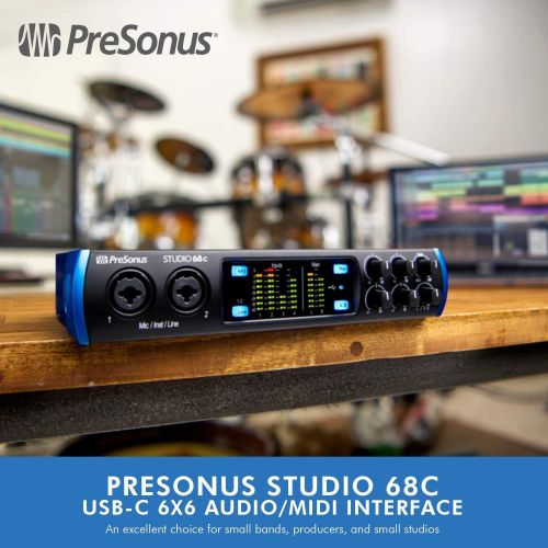 PreSonus Studio 68C 6-in 6-out USB-C Audio/MIDI Interface + SR360 Over-Ear Dynamic Stereo Headphones, Xpix Condenser Microphone, Xpix 6” Mic Stand, Xpix Pop Screen Filter & Cables