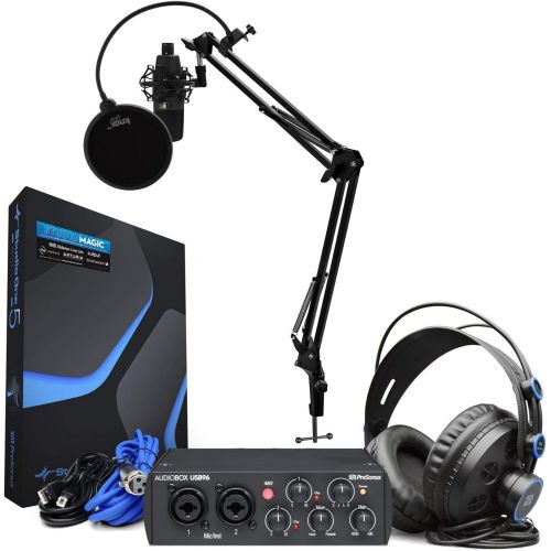  PreSonus AudioBox 96 Interface with PreSonus Microphone, Headphones, XLR Cable Bundle with Knox Gear Studio Stand, Pop Filter and Shock Mount (7 Items)