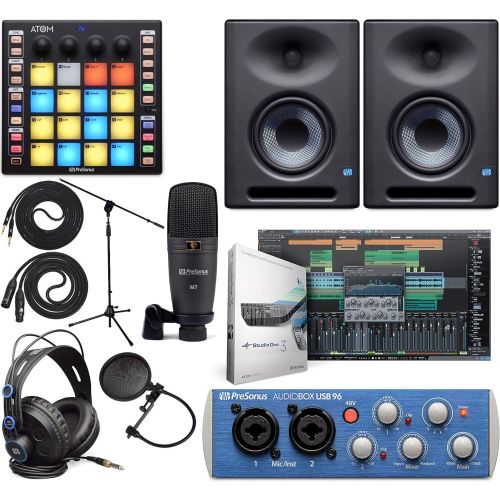  PreSonus AudioBox 96 Audio Interface Full Studio Bundle with Studio One Artist Software Pack, ATOM MIDI / Production Pad Controller, Eris E5 XT Pair 2-Way Monitors and 1/4” TRS to