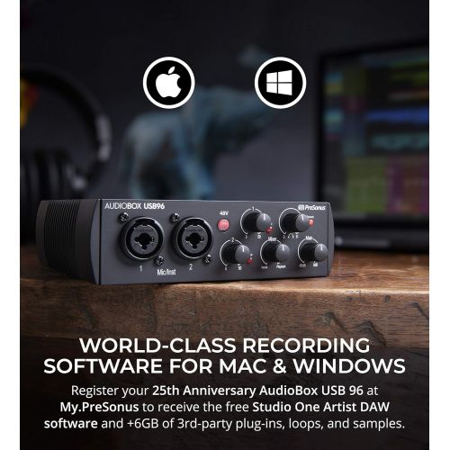  PreSonus AudioBox USB 96 25th Anniversary Audio Interface for Windows and Mac Bundle with Samson MediaOne M30 Studio Monitors, Blucoil 2x Isolation Pads, 5 Aux Cable, and 4x 12 Aco