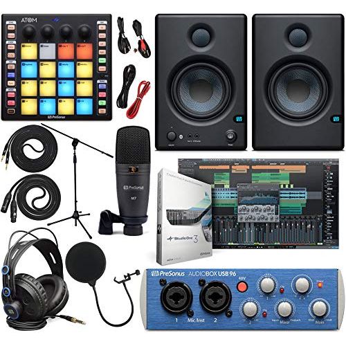  PreSonus AudioBox 96 Audio Interface (May Vary Blue or Black) Full Studio Bundle with Studio One Artist Software Pack, ATOM MIDI/Production Pad Controller, Eris 4.5 BT Pair 2-Way B