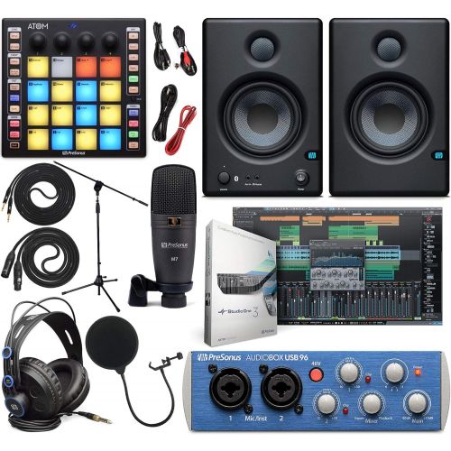  PreSonus AudioBox 96 Audio Interface (May Vary Blue or Black) Full Studio Bundle with Studio One Artist Software Pack, ATOM MIDI/Production Pad Controller, Eris 4.5 BT Pair 2-Way B