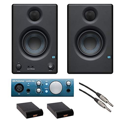  PreSonus Eris E3.5 3.5 2-Way 25W Nearfield Monitors (Pair) with PreSonus AudioBox iOne Recording Interface, (2) Isolation Pad & 5 TRS Audio Cable Bundle