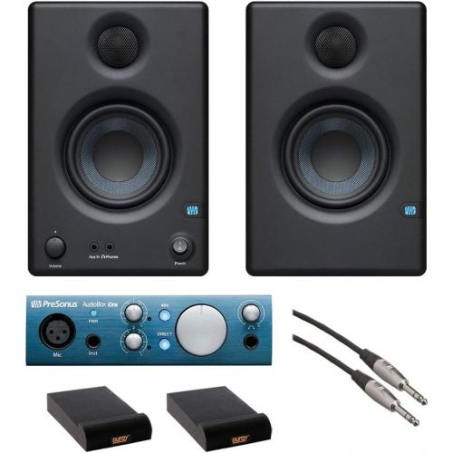  PreSonus Eris E3.5 3.5 2-Way 25W Nearfield Monitors (Pair) with PreSonus AudioBox iOne Recording Interface, (2) Isolation Pad & 5 TRS Audio Cable Bundle