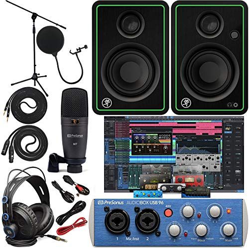  PreSonus AudioBox 96 Audio Interface Full Studio Bundle with Studio One Artist Software Pack with Mackie New! CR3-X BT Creative Multimedia Bluetooth Monitors and 1/4” Instrument Ca