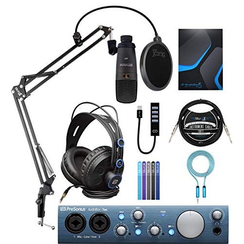  PreSonus AudioBox iTwo USB 2.0 Audio Interface Recording Bundle with Blucoil Boom Arm Plus Pop Filter, USB Hub Type-A, 10 Straight Instrument Cable, 6 3.5mm Extension Cable, and 5x