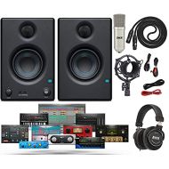PreSonus Pair of Eris E3.5 3.5 2-Way 25W Studio Monitors with and Professional Condenser Recording Microphone, Shockmount XLR Kit