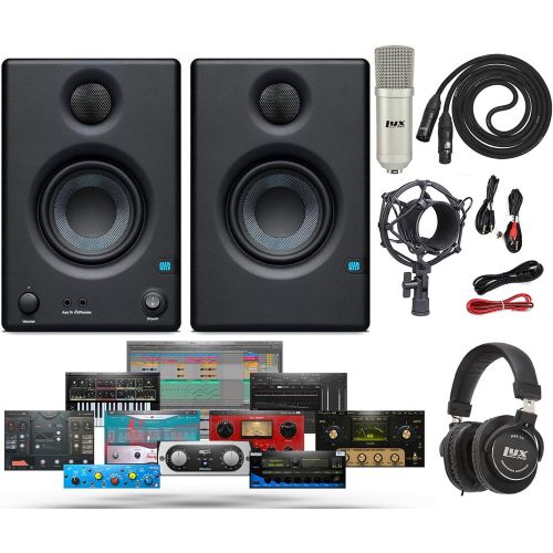 PreSonus Pair of Eris E3.5 3.5 2-Way 25W Studio Monitors with and Professional Condenser Recording Microphone, Shockmount XLR Kit