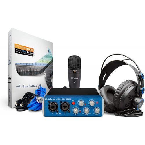  PreSonus AudioBox 96 Studio USB 2.0 Recording Interface Bundle with Headphones, Microphone, XLR Cable, Knox Studio Stand, Shock Mount and Pop Filter (4 Items)