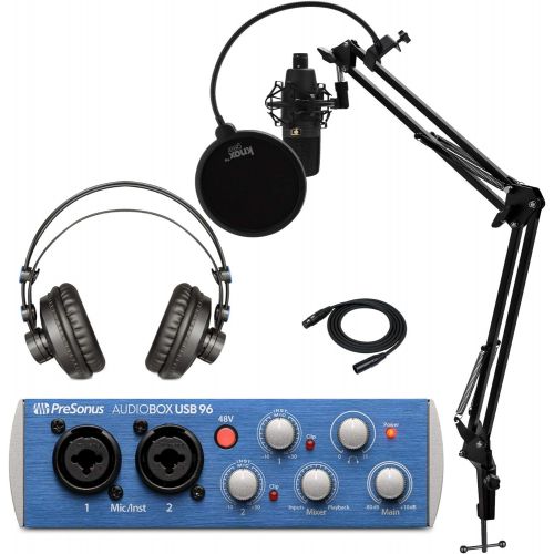  PreSonus AudioBox 96 Studio USB 2.0 Recording Interface Bundle with Headphones, Microphone, XLR Cable, Knox Studio Stand, Shock Mount and Pop Filter (4 Items)