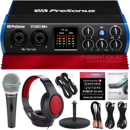  PreSonus Studio 24C 2x2 192 kHz, USB-C Audio Interface + Studio One Artist & Ableton Live Lite DAW Recording Software w/Deluxe Bundle -SR360 Headphones, Dynamic Microphone, Mic Sta