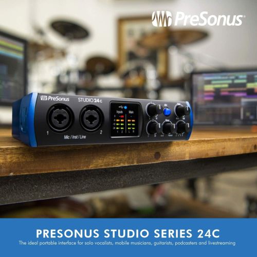  PreSonus Studio 24C 2x2 192 kHz, USB-C Audio Interface + Studio One Artist & Ableton Live Lite DAW Recording Software w/Deluxe Bundle -SR360 Headphones, Dynamic Microphone, Mic Sta