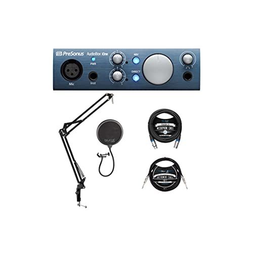  PreSonus AudioBox iOne 2x2 USB/iPad Audio Interface for Windows, Mac, and iOS Bundle with Blucoil Boom Arm Plus Pop Filter, 10-FT Balanced XLR Cable, and 10-FT Straight Instrument