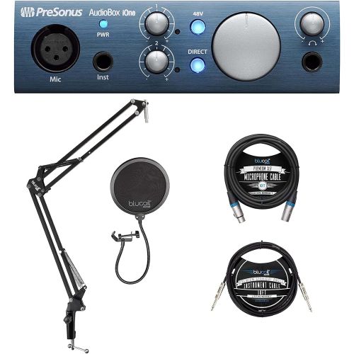  PreSonus AudioBox iOne 2x2 USB/iPad Audio Interface for Windows, Mac, and iOS Bundle with Blucoil Boom Arm Plus Pop Filter, 10-FT Balanced XLR Cable, and 10-FT Straight Instrument