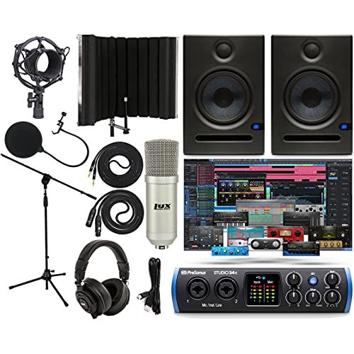  PreSonus Studio 24c 2x2 USB Type-C Audio/MIDI Interface with Eris E5 Pair Studio Monitors and 1/4” Instrument Cable and Microphone Isolation Shield