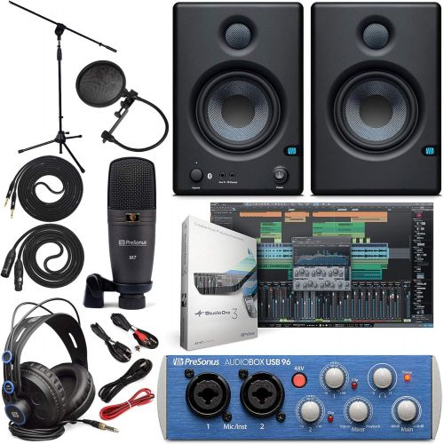 PreSonus AudioBox 96 Audio Interface (May Vary Blue or Black) Full Studio Bundle with Studio One Artist Software Pack with Eris 4.5 BT Pair Studio Bluetooth Monitors and 1/4” Instr