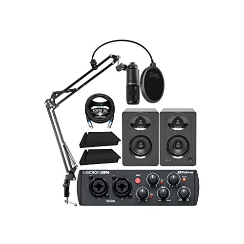  PreSonus AudioBox USB 96 25th Anniversary Audio Interface Bundle with Audio-Technica AT2020 Microphone, MediaOne M30 Monitors, Blucoil Boom Arm Plus Pop Filter, 2x Isolation Pads,