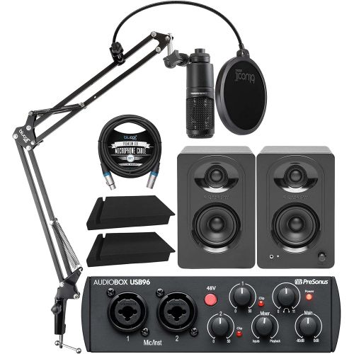  PreSonus AudioBox USB 96 25th Anniversary Audio Interface Bundle with Audio-Technica AT2020 Microphone, MediaOne M30 Monitors, Blucoil Boom Arm Plus Pop Filter, 2x Isolation Pads,