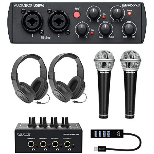  PreSonus AudioBox USB 96 25th Anniversary Edition Audio Interface Bundle with Blucoil 4-Channel Headphone Amplifier, Samson 2x R21S Dynamic Microphones, 2x SR350 Headphones, and US