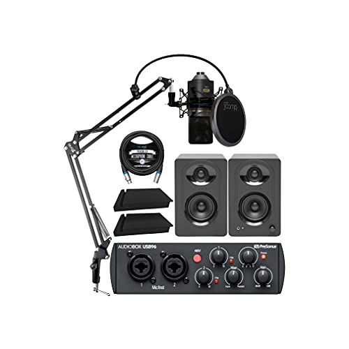  PreSonus AudioBox USB 96 25th Anniversary Audio Interface Bundle with MXL 770 Microphone (Black), MediaOne M30 Monitors, Blucoil Boom Arm Plus Pop Filter, 2x Acoustic Isolation Pad