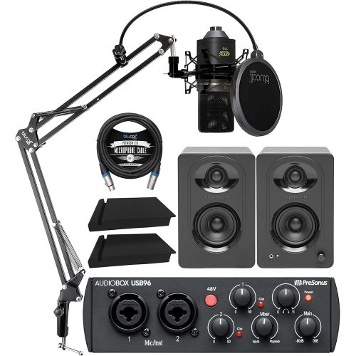  PreSonus AudioBox USB 96 25th Anniversary Audio Interface Bundle with MXL 770 Microphone (Black), MediaOne M30 Monitors, Blucoil Boom Arm Plus Pop Filter, 2x Acoustic Isolation Pad