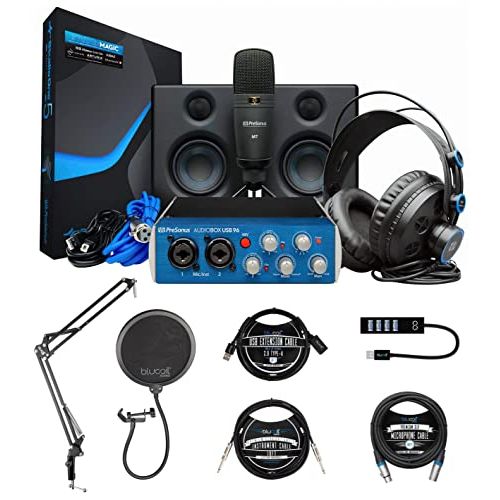  PreSonus AudioBox Studio Ultimate Bundle with Studio Monitors and Recording Software, Blucoil Boom Arm Plus Pop Filter, USB-A Mini Hub, 10 Instrument Cable (1/4), 10 XLR Cable, and