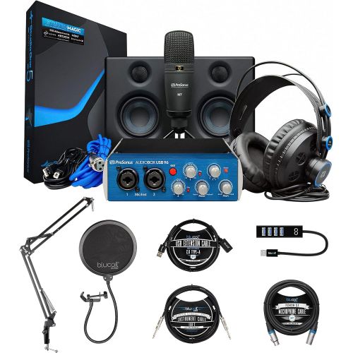  PreSonus AudioBox Studio Ultimate Bundle with Studio Monitors and Recording Software, Blucoil Boom Arm Plus Pop Filter, USB-A Mini Hub, 10 Instrument Cable (1/4), 10 XLR Cable, and