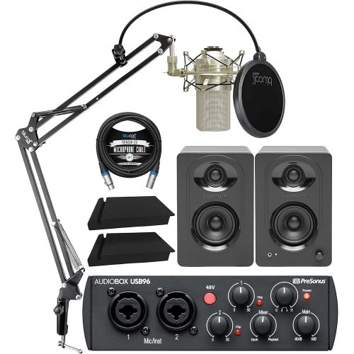  PreSonus AudioBox USB 96 25th Anniversary Audio Interface Bundle with MXL 990 Microphone (Champagne), MediaOne M30 Monitors, Blucoil Boom Arm Plus Pop Filter, 2x Isolation Pads, an