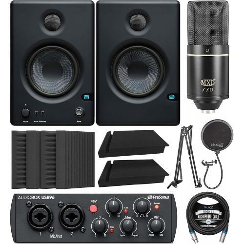  PreSonus Eris E4.5 2-Way 4.5 Near Field Studio Monitor Bundle with AudioBox USB 96 Audio Interface, MXL 770 Microphone, Blucoil Isolation Pads, Boom Arm Plus Pop Filter, Acoustic W