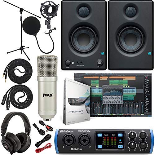  PreSonus Studio 24c 2x2 USB Type-C Audio/MIDI Interface with Eris 4.5 BT Pair Studio Bluetooth Monitors, Studio Microphone and LyxPro Recording Bundle