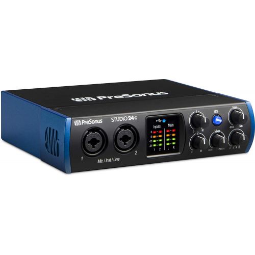  PreSonus Studio 24c 2x2 USB Type-C Audio/MIDI Interface with Eris 4.5 BT Pair Studio Bluetooth Monitors, Studio Microphone and LyxPro Recording Bundle