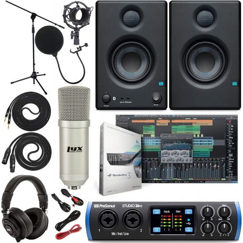  PreSonus Studio 24c 2x2 USB Type-C Audio/MIDI Interface with Eris 4.5 BT Pair Studio Bluetooth Monitors, Studio Microphone and LyxPro Recording Bundle