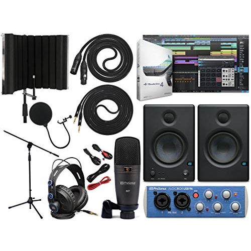  PreSonus AudioBox 96 Audio Interface (May Vary Blue or Black) Full Studio Bundle with Studio One Artist Software Pack with Eris 4.5 Pair Studio Monitors, Instrument Cable, Micropho