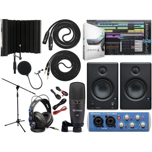  PreSonus AudioBox 96 Audio Interface (May Vary Blue or Black) Full Studio Bundle with Studio One Artist Software Pack with Eris 4.5 Pair Studio Monitors, Instrument Cable, Micropho