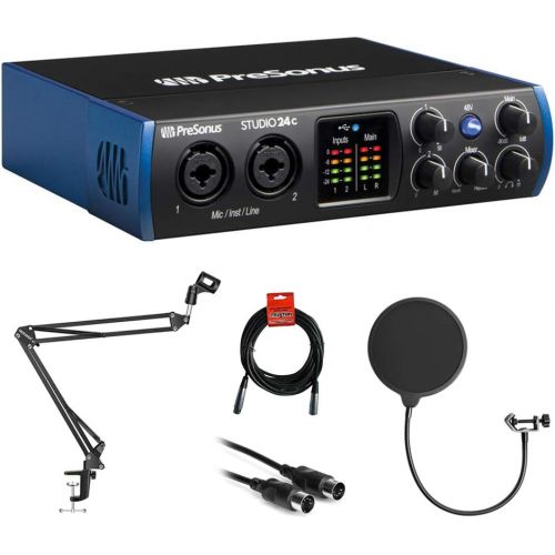  PreSonus Studio 24c 2x2 USB Type-C Audio/MIDI Interface with Kellopy Pop Filter, Mic Boom Scissor Arm Stand, 10ft MIDI Cable & XLR Cable Bundle